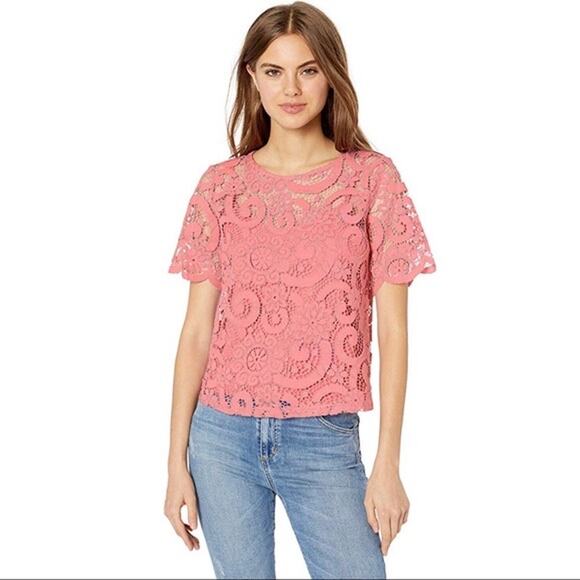 NWOT NANETTE LEPORE Top S Pink Lace Underlay Slip Bow Tie Back Short Sleeve - Picture 2 of 9